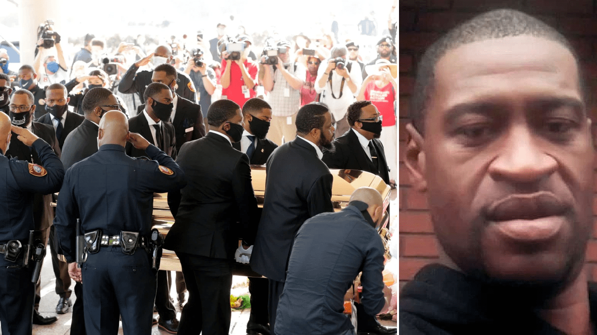 Police officers salute murdered George Floyd as his casket arrives at his funeral