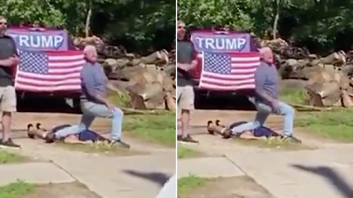 Racists with Trump banner re-enact George Floyd’s death as BLM protesters march past