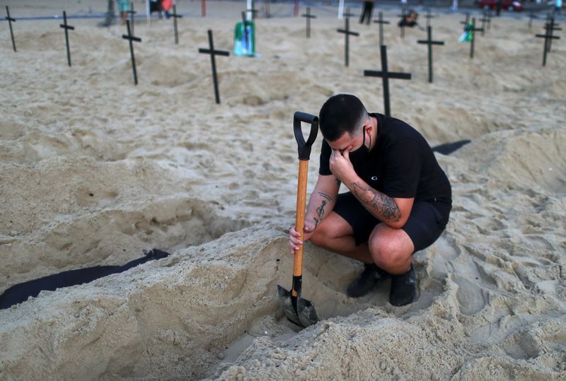 Graves dug in rio beach to protest handling of covid-19 pandemic