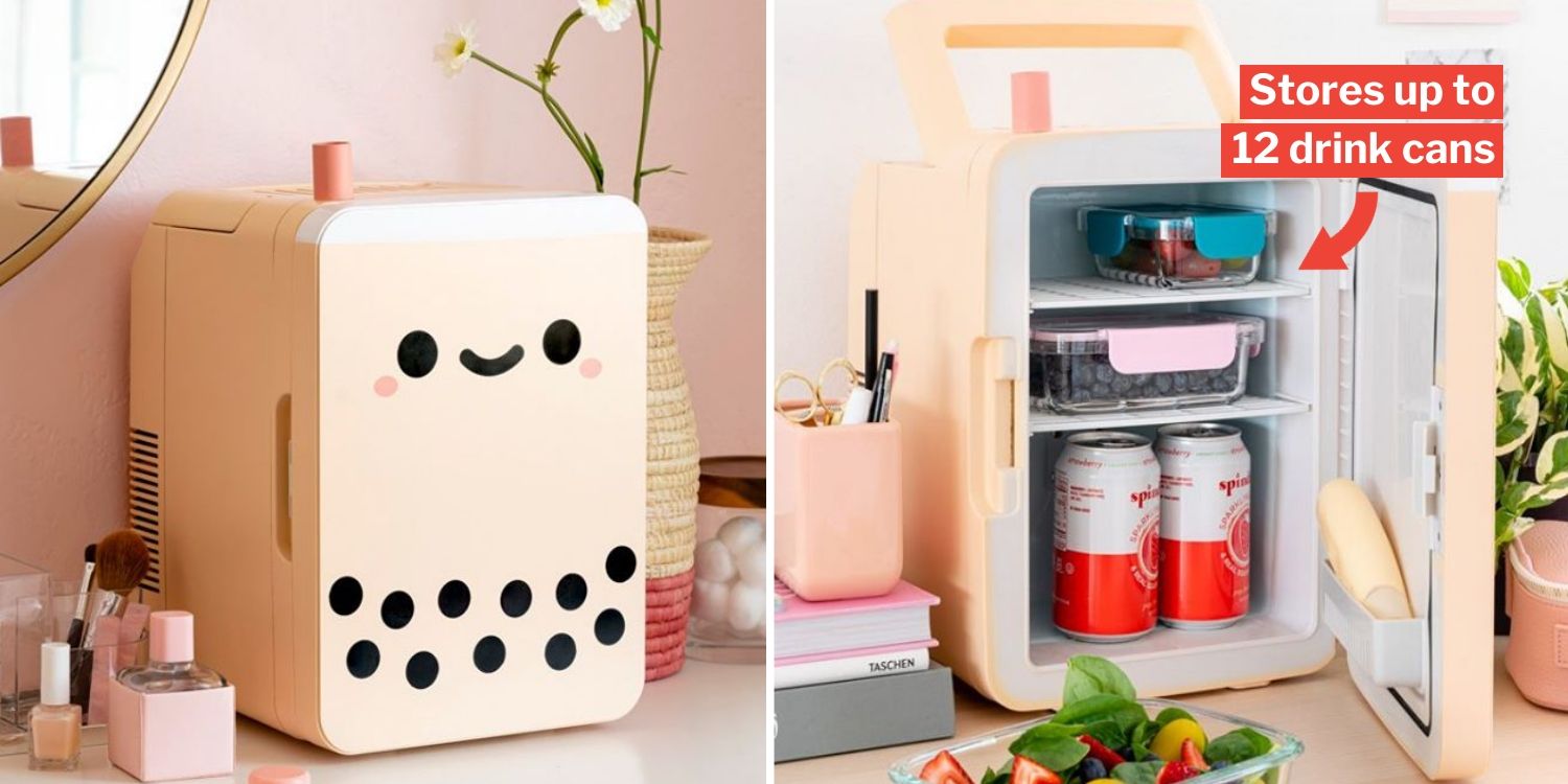 This pearl boba tea mini fridge keeps drinks cool & your bbt obsession alive