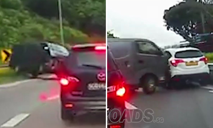 Watch how van skids, crashes into roller barriers and collides with car on PIE