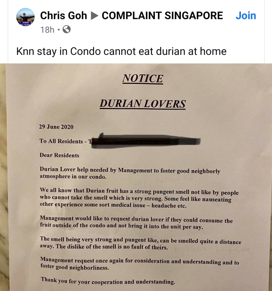 Condo “forcing” residents not to eat durians in own homes