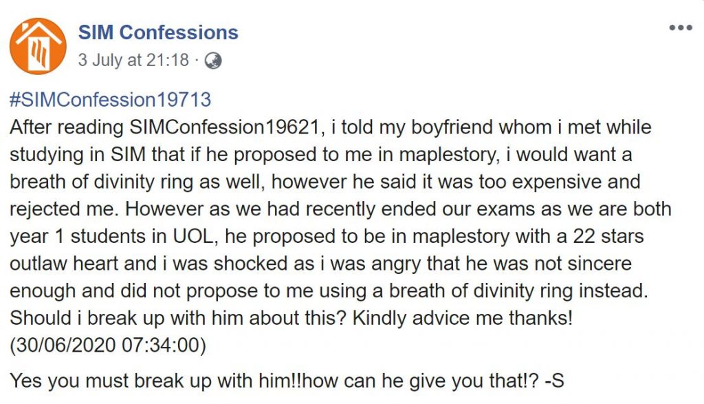 Girl wants to break up with BF because he proposed in maplestory with “outlaw heart”