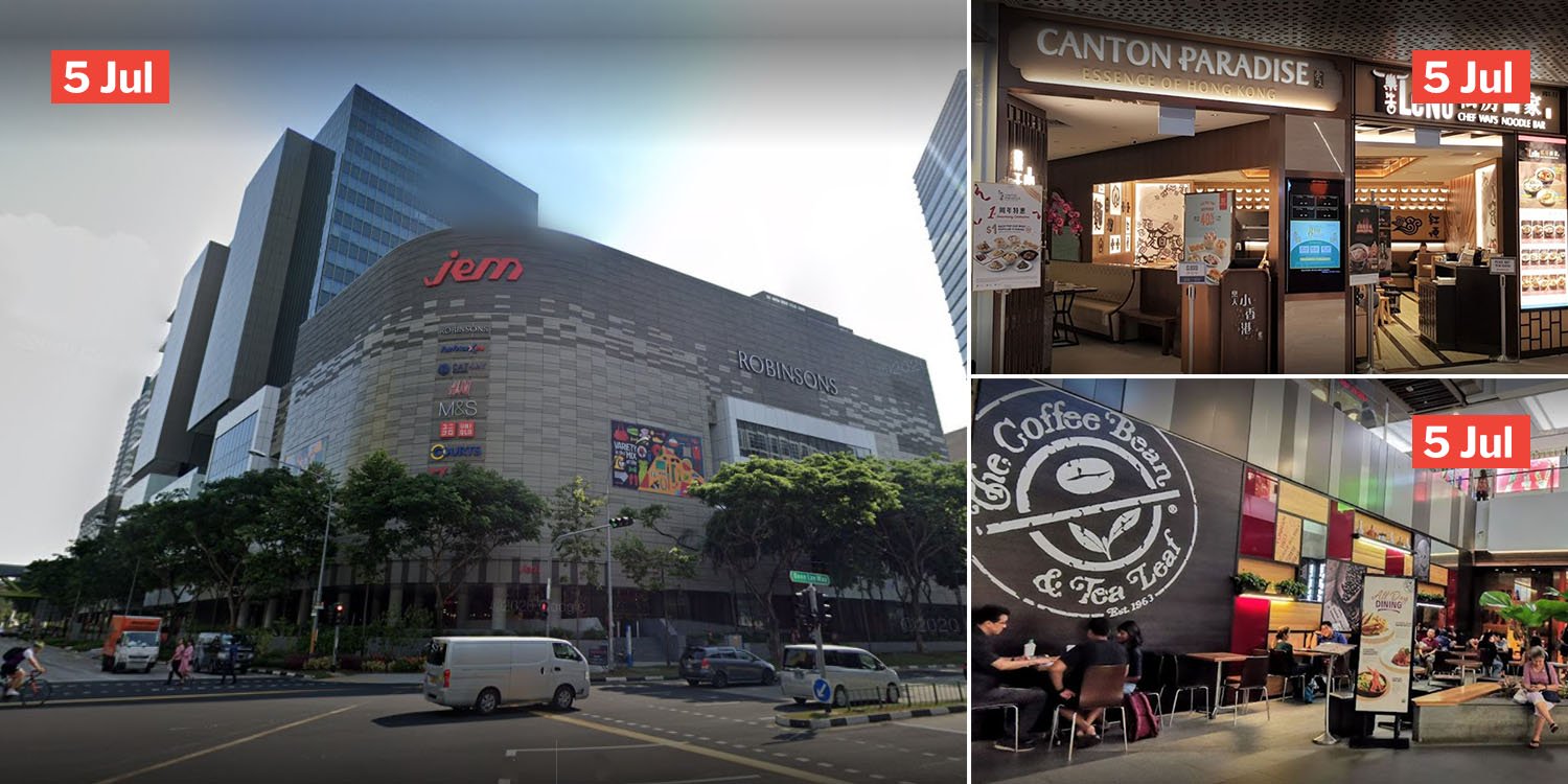 Jem was visited by covid-19 cases on 5 jul, includes coffee bean & canton paradise