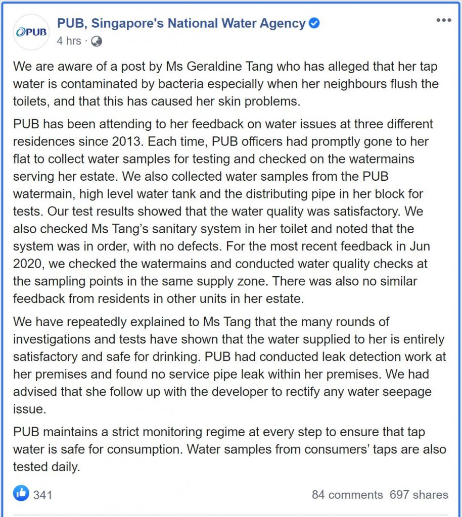 PUB responds to Facebook User’s claims of “contaminated” water