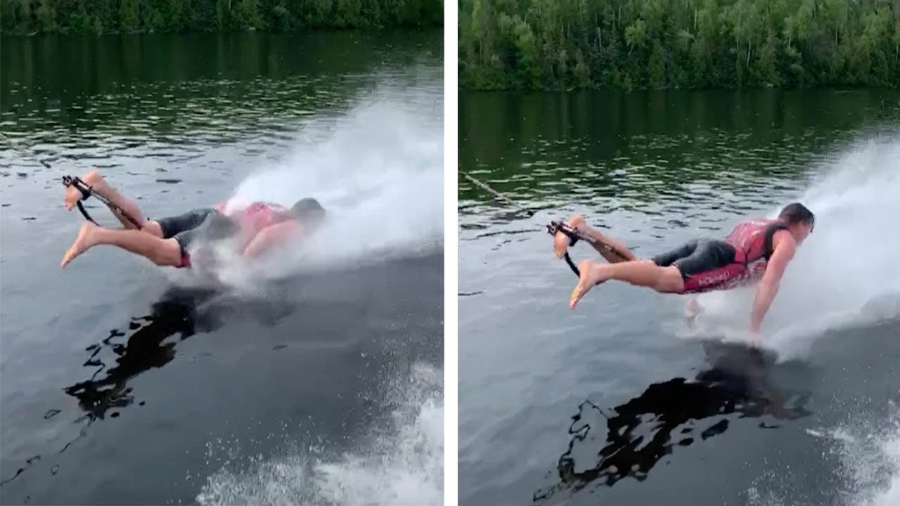 Water Skier Performs Push-Ups On Water