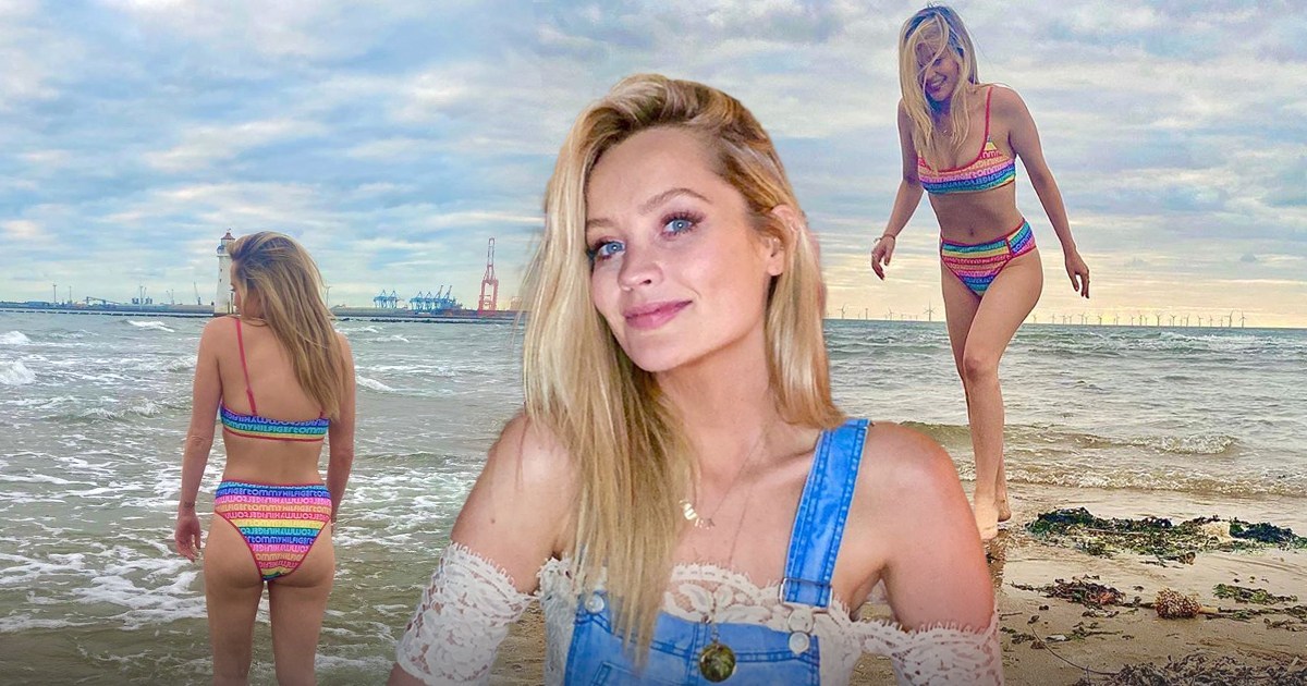 Laura Whitmore braves the cold weather as she wears rainbow bikini in Merseyside