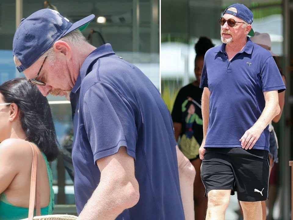 Boris Becker displays elbow injury during lunch with his new girlfriend Lilian de Carvalho Monteiro in Ibiza