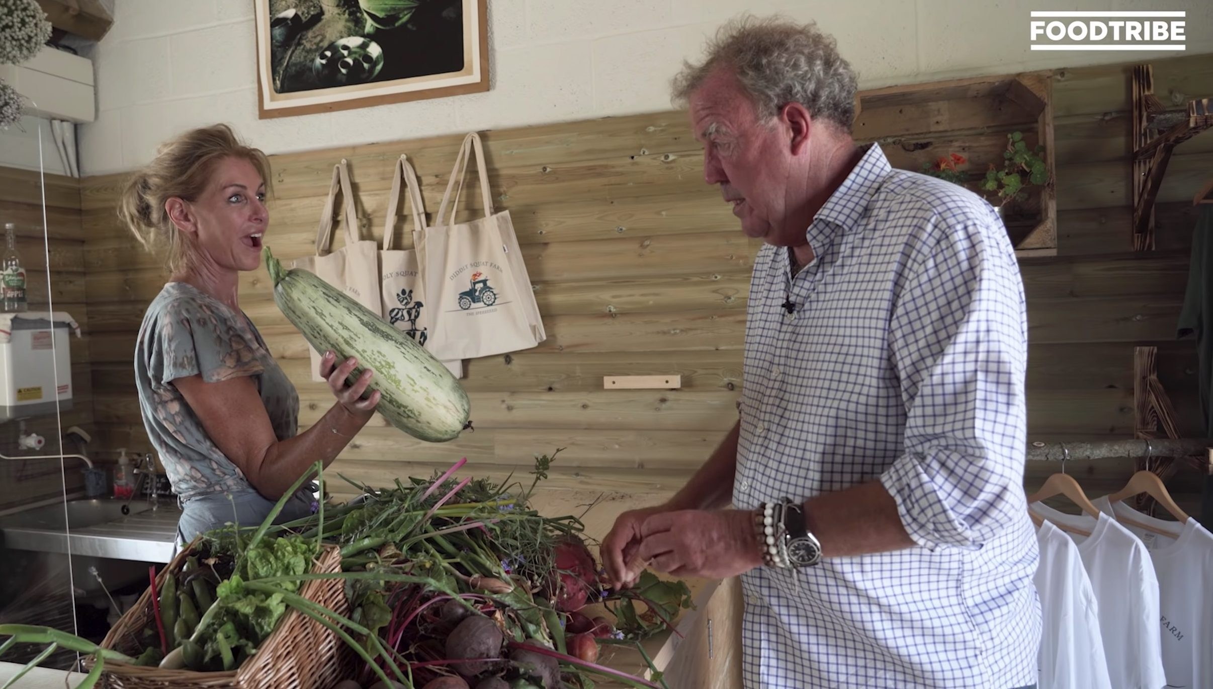 Jeremy Clarkson shows off his massive marrow and licks his plums in Grand Tour of Diddly Squat farm shop