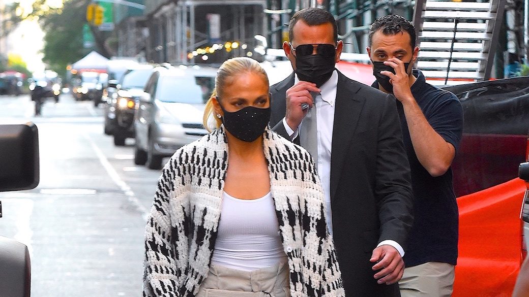 J.Lo Proves She’s Ready for Fall in a Chunky Knit Cardigan and Crystal-Covered Face Mask