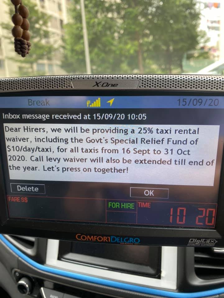 Comfort delgro to provide 25% rental waiver for all taxis, from 16 Sept to 31 Oct