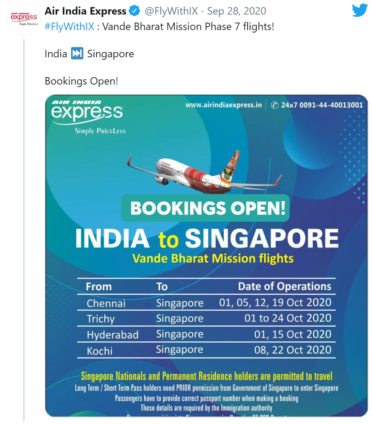 Air India increases flights from India to SG. Kochi, trichy, chennai, hyderabad