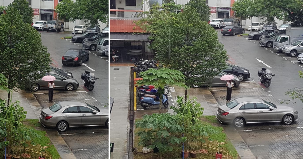 Motorcycle blocks car for blocking motorcycle parking area in Jurong East