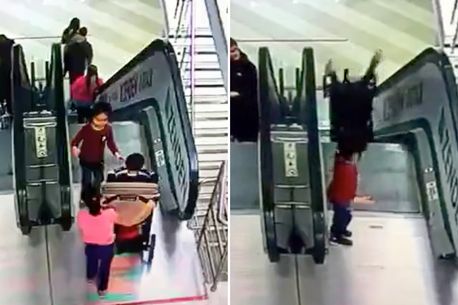 Children badly injured after buggy somersaults down shopping centre escalator