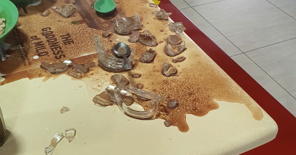 Glass with hot Milo suddenly shatters in front of 5-year-old child while he's stirring it