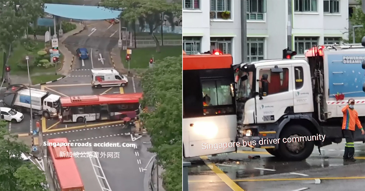 SBS Transit bus & Sembcorp rubbish truck collide head on in Chai Chee