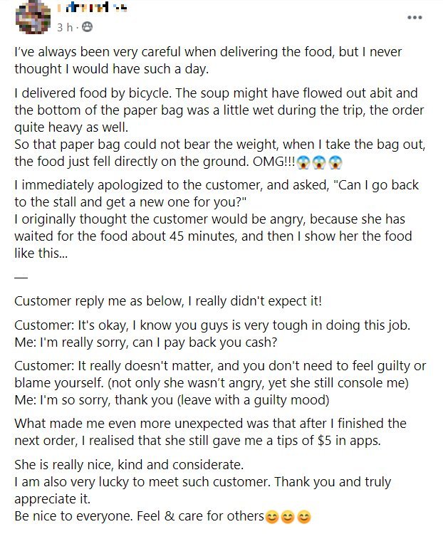 Grab rider spills food but customer tips him instead, feels thankful for her kindness