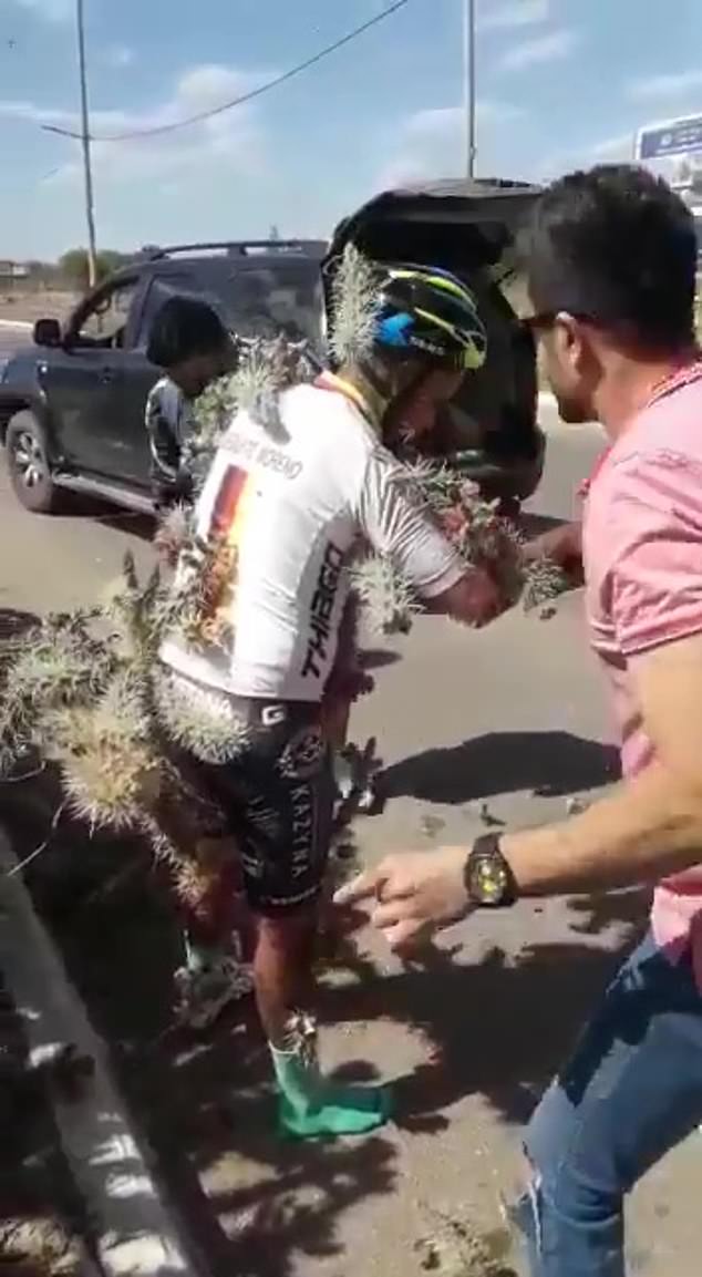 Thorny issue! Amateur cyclist has THOUSANDS of Cactus spikes pulled from his body after crashing into bush during Argentina race