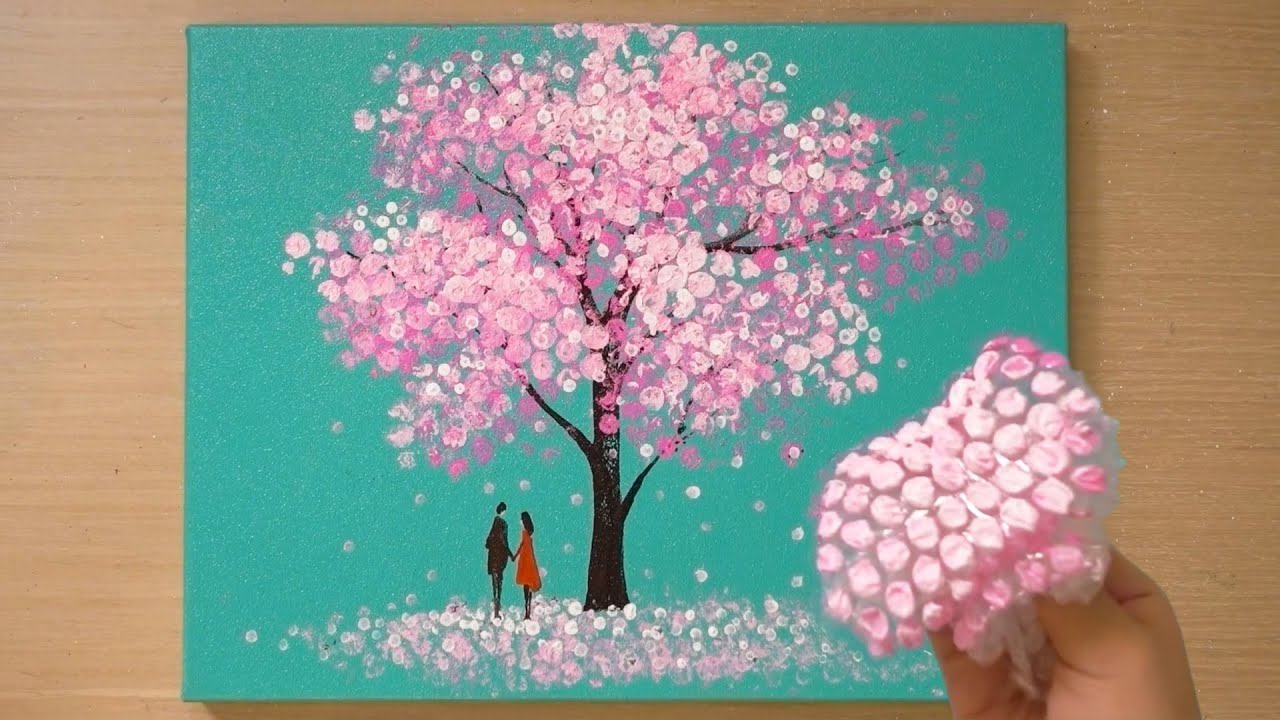 Bubble wrap painting technique / Easy stamping painting / Couple under tree