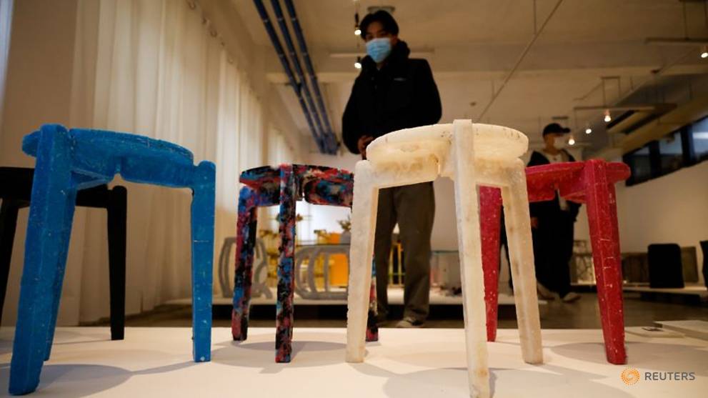 South Korean student makes stools out of recycled face masks