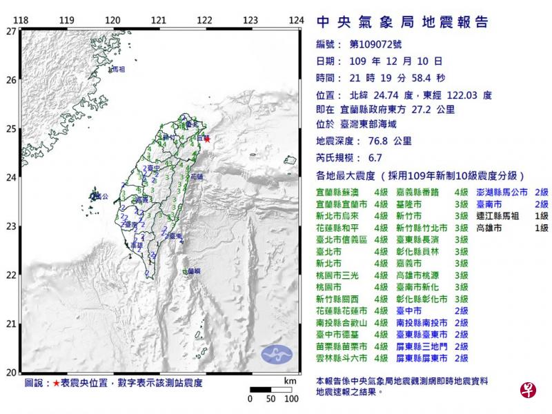 台东部海域发生6.7级地震 暂无人员伤亡