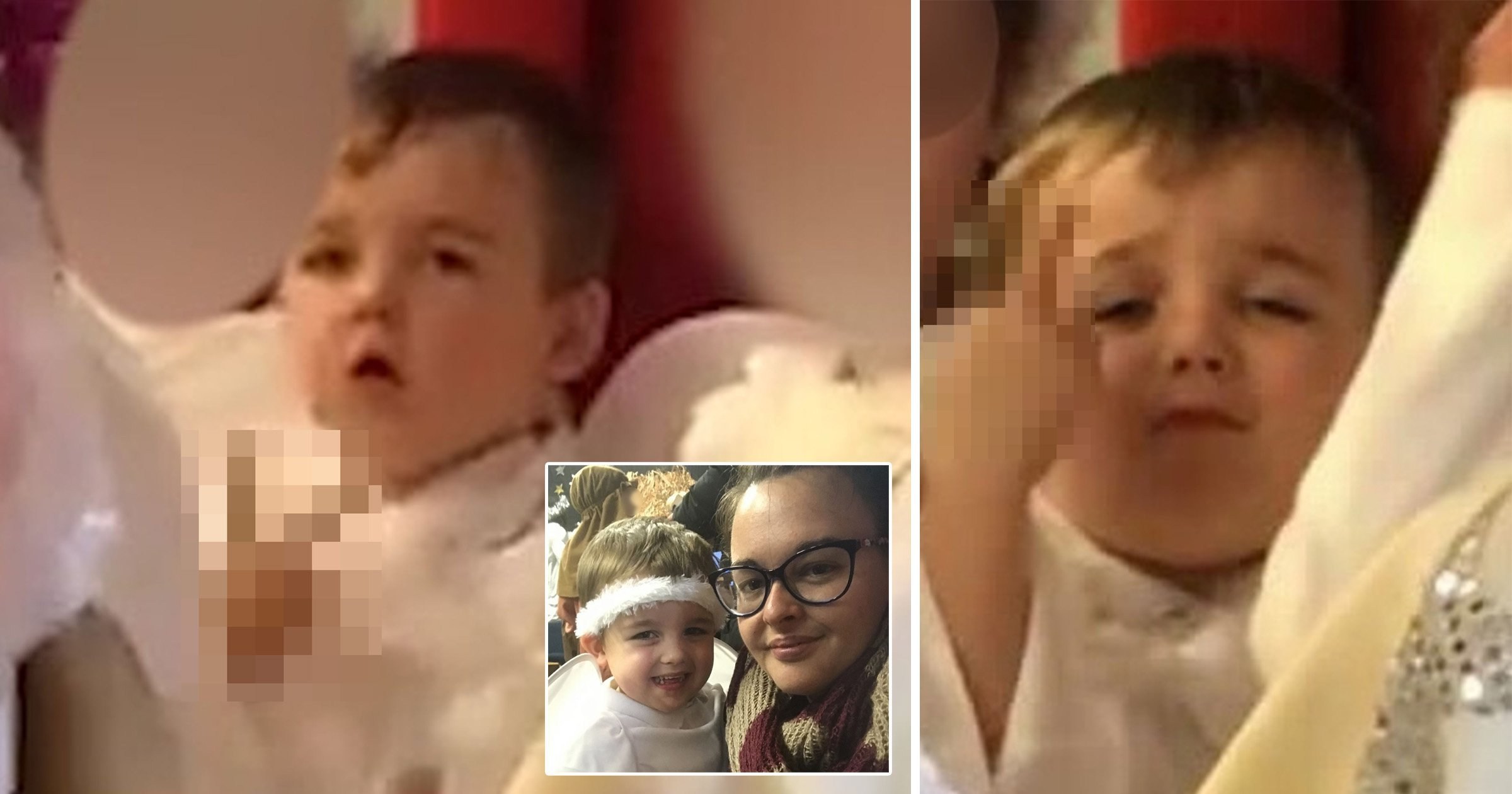Toddler dressed as angel in nativity play shows middle finger after picking it up from mum