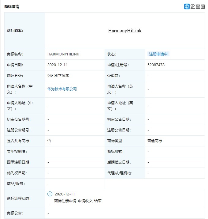 华为申请“HARMONYHILINK”等多个鸿蒙系统相关商标