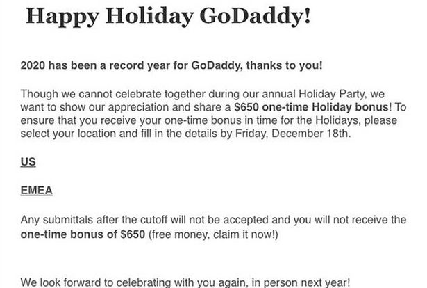 GoDaddy teased employees with fake Christmas bonus which was actually phishing test