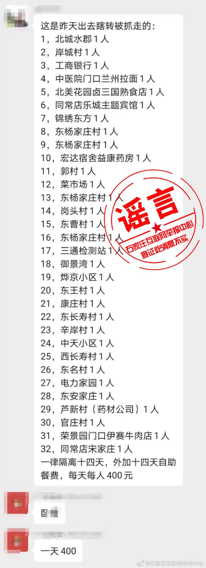 石家庄瞎转的一律被抓走隔离14天、一天400元？官方辟谣
