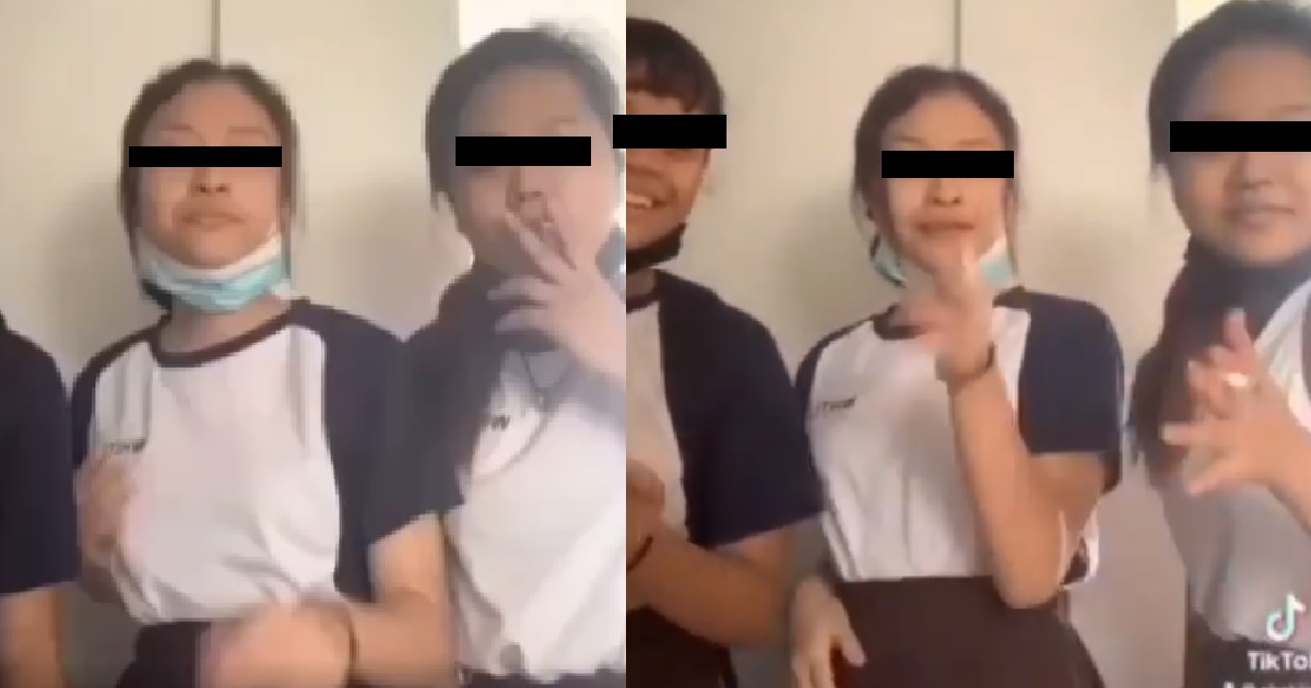 School girls smoking in school uniform, dancing for tiktok video