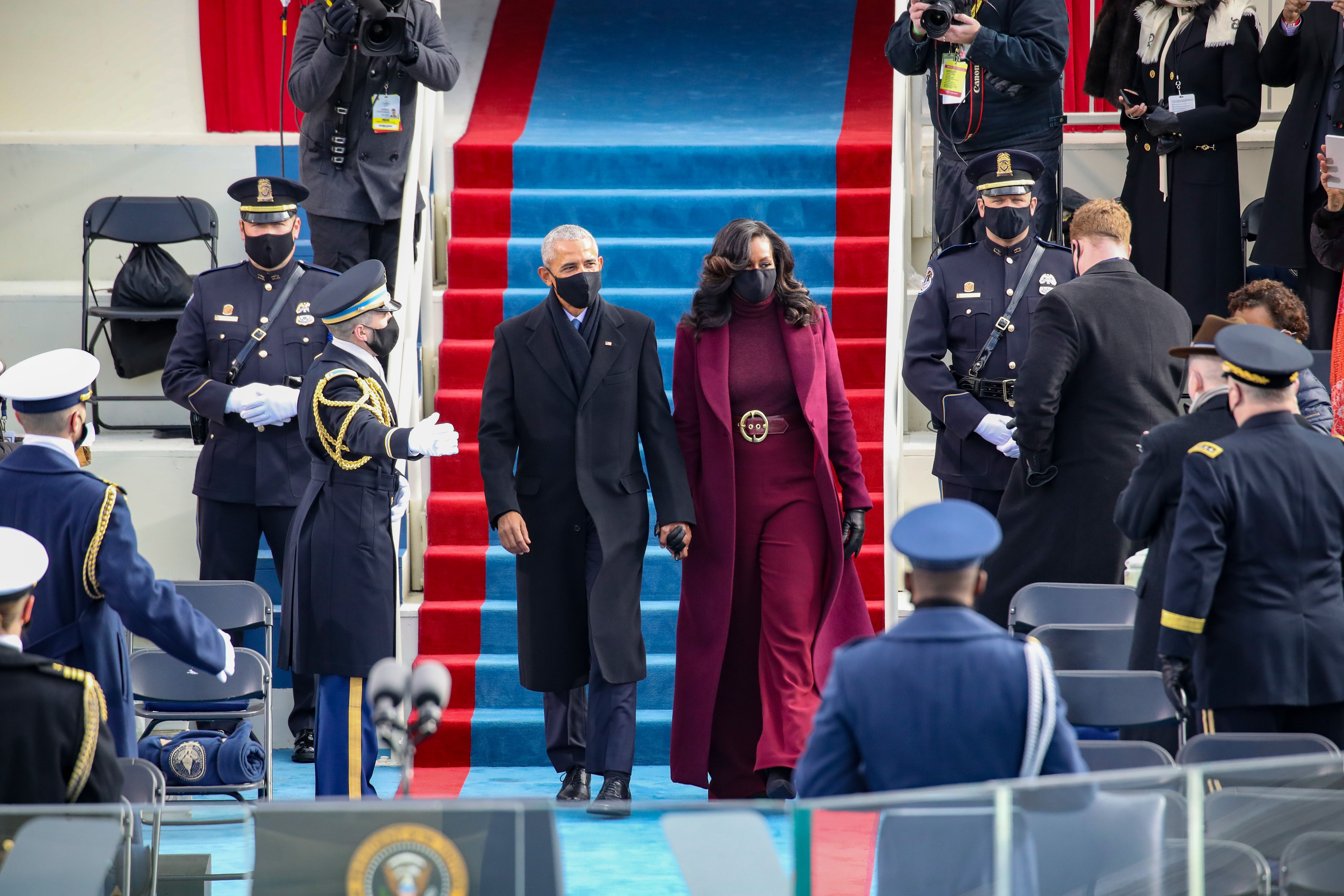Michelle Obama Wears a Plum Overcoat and Suit by Sergio Hudson for Joe Biden's Inauguration