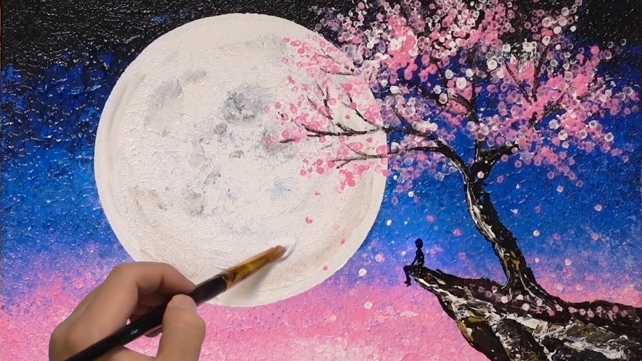 Moonlight Tree Painting / Acrylic paint / Masking Tape Painting