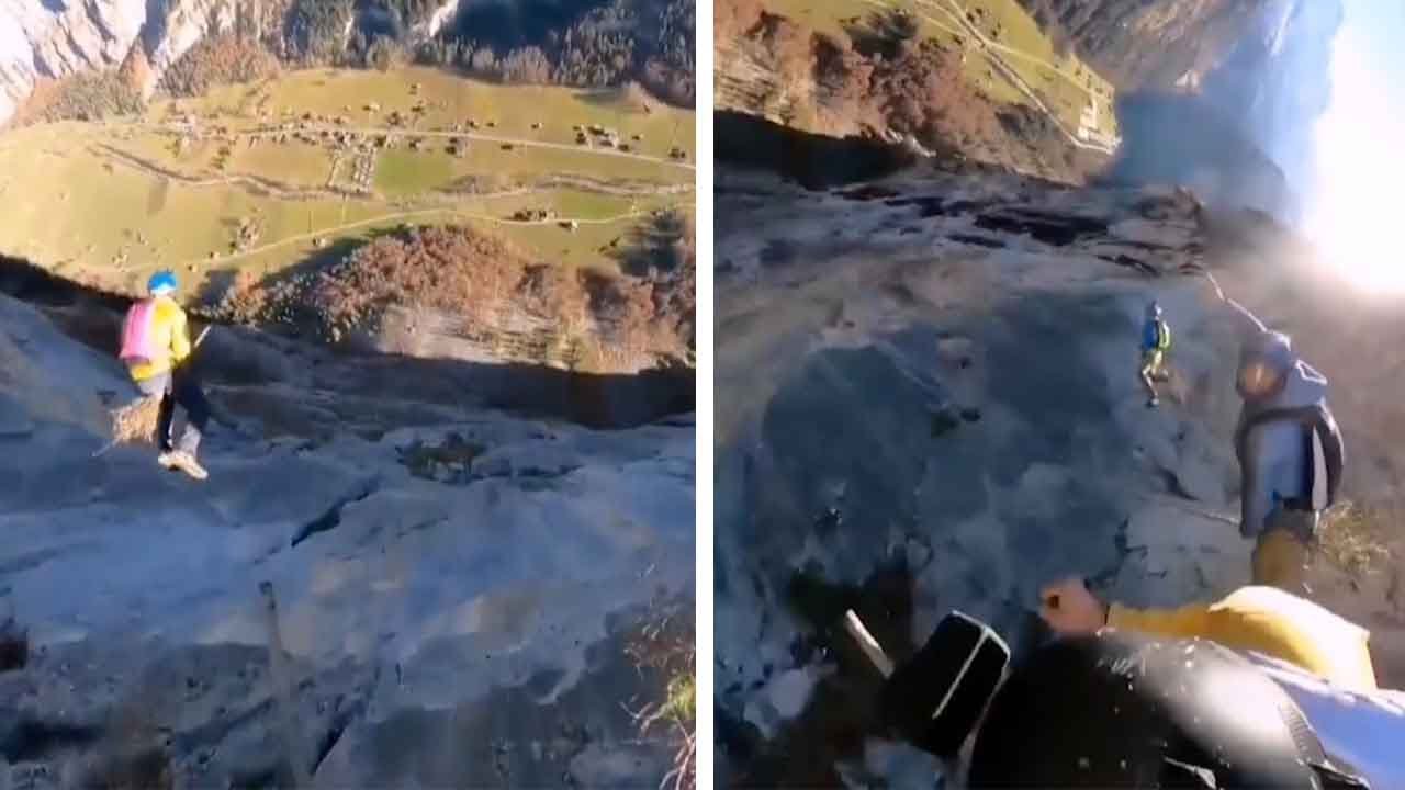 Base Jumpers Fly Off Swiss Alps On Broomsticks