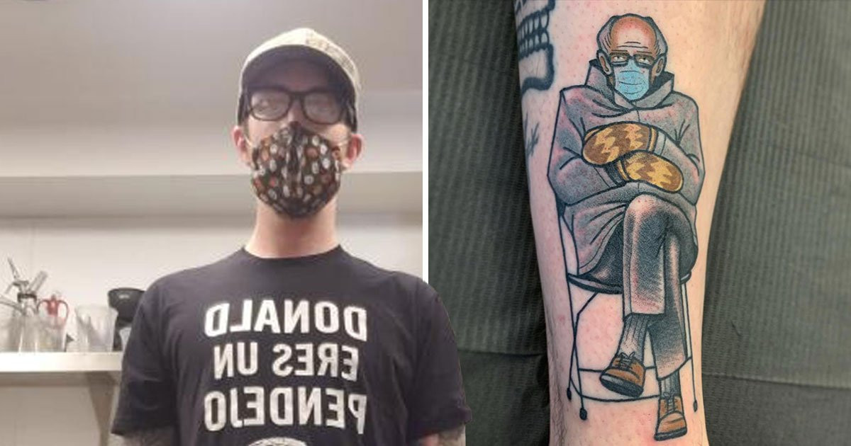 Man gets the Bernie Sanders chair meme tattooed on his leg