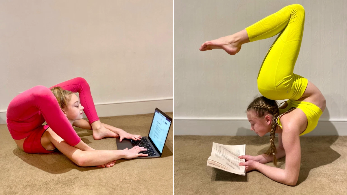 Teen contortionist loves to do her homework in incredible gymnastic positions