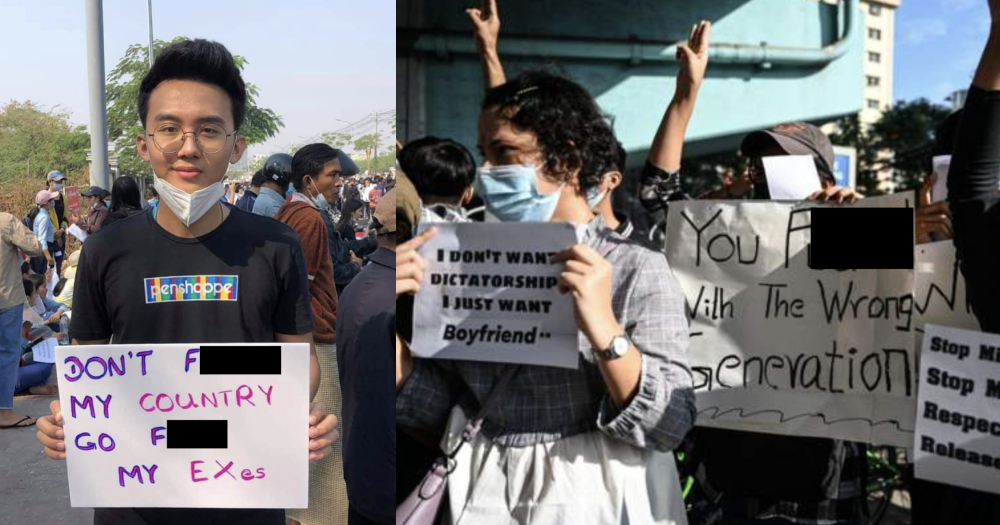 'I don't want dictatorship, I just want boyfriend': Young Myanmar citizens protest with creative signs