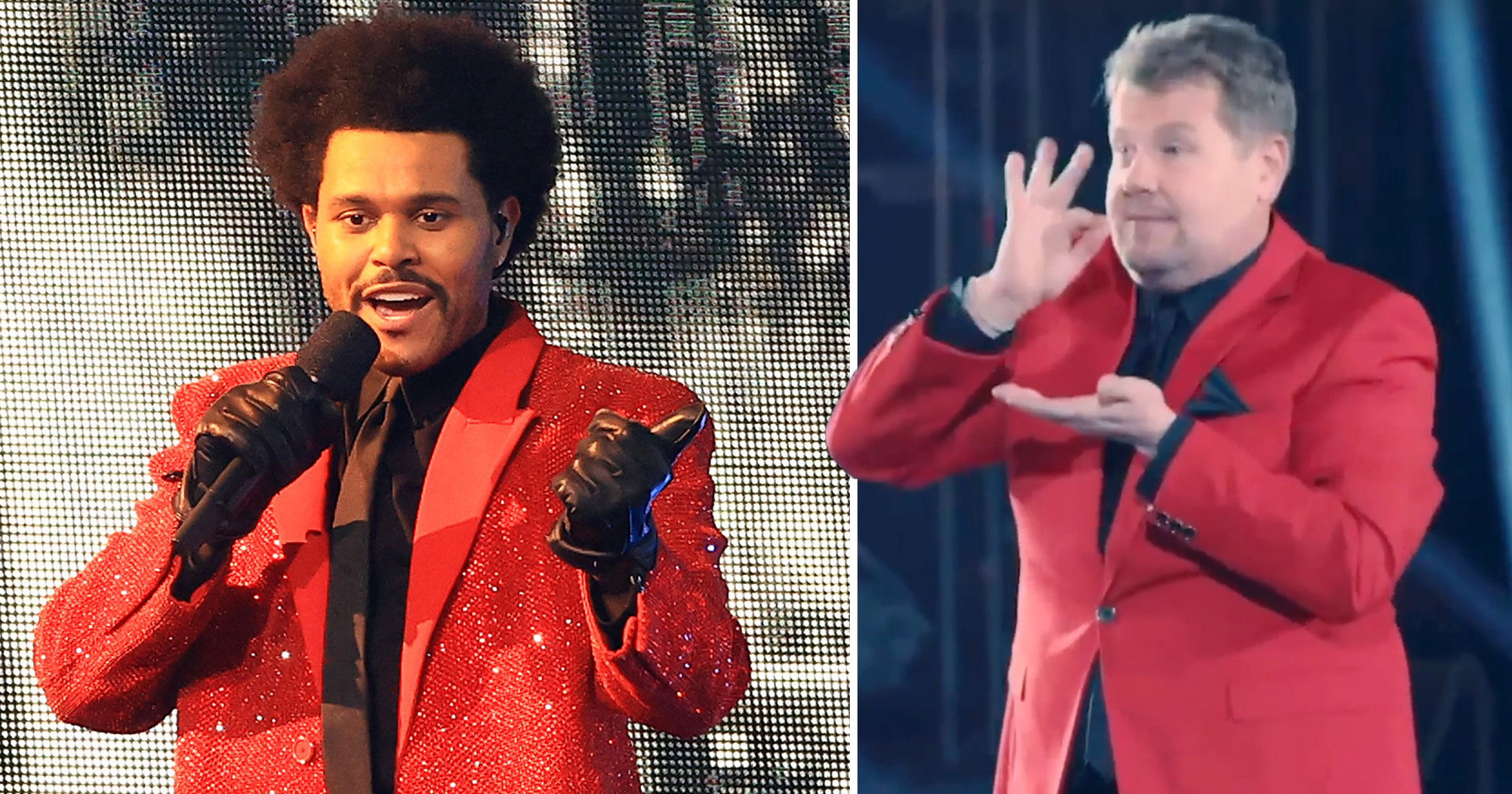 James Corden matches with The Weeknd as he takes credit for epic Super Bowl halftime show in backstage clip