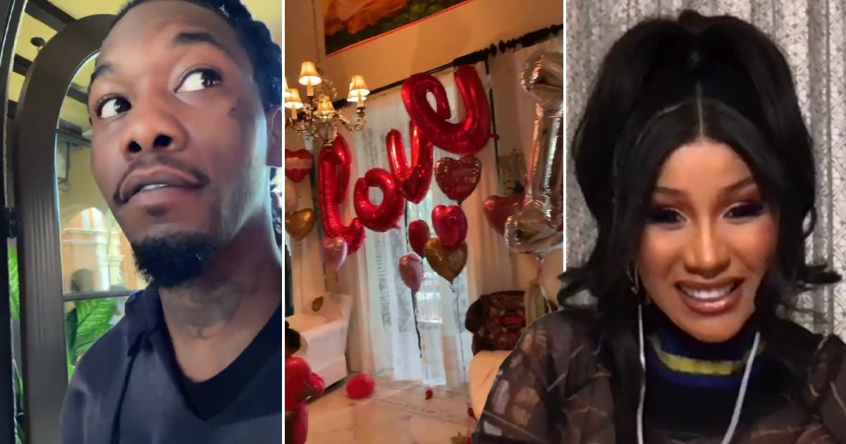 Offset goes all out for Valentine’s Day as he whisks Cardi B away and covers hotel room in flowers