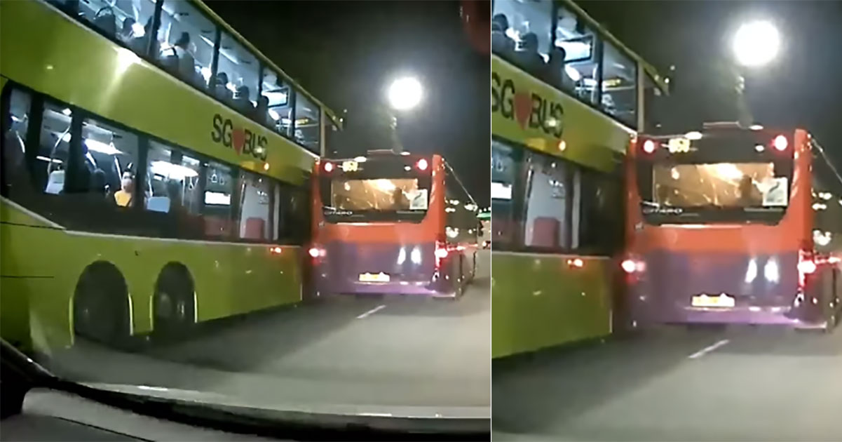 SBS Transit bus 168 & SMRT bus 858 engage in mechanical foreplay along expressway