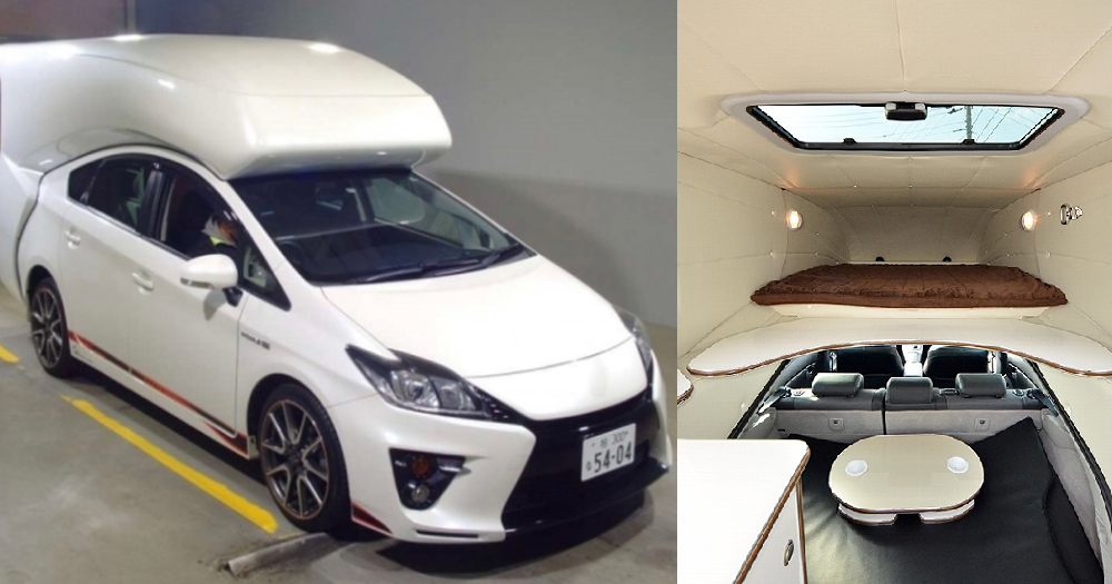 Toyota Prius converted into camper van thing with enough room for 4 travellers