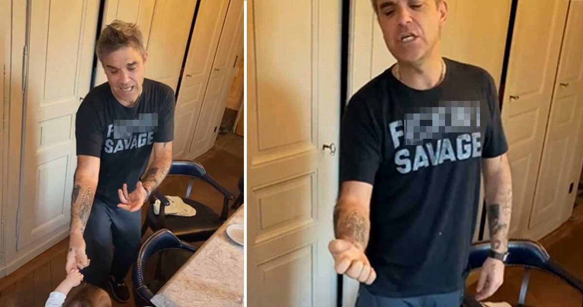 Robbie Williams sports sweary T-shirt to sing to baby Beau in sweet home video as wife Ayda Field wishes he ‘could breastfeed’
