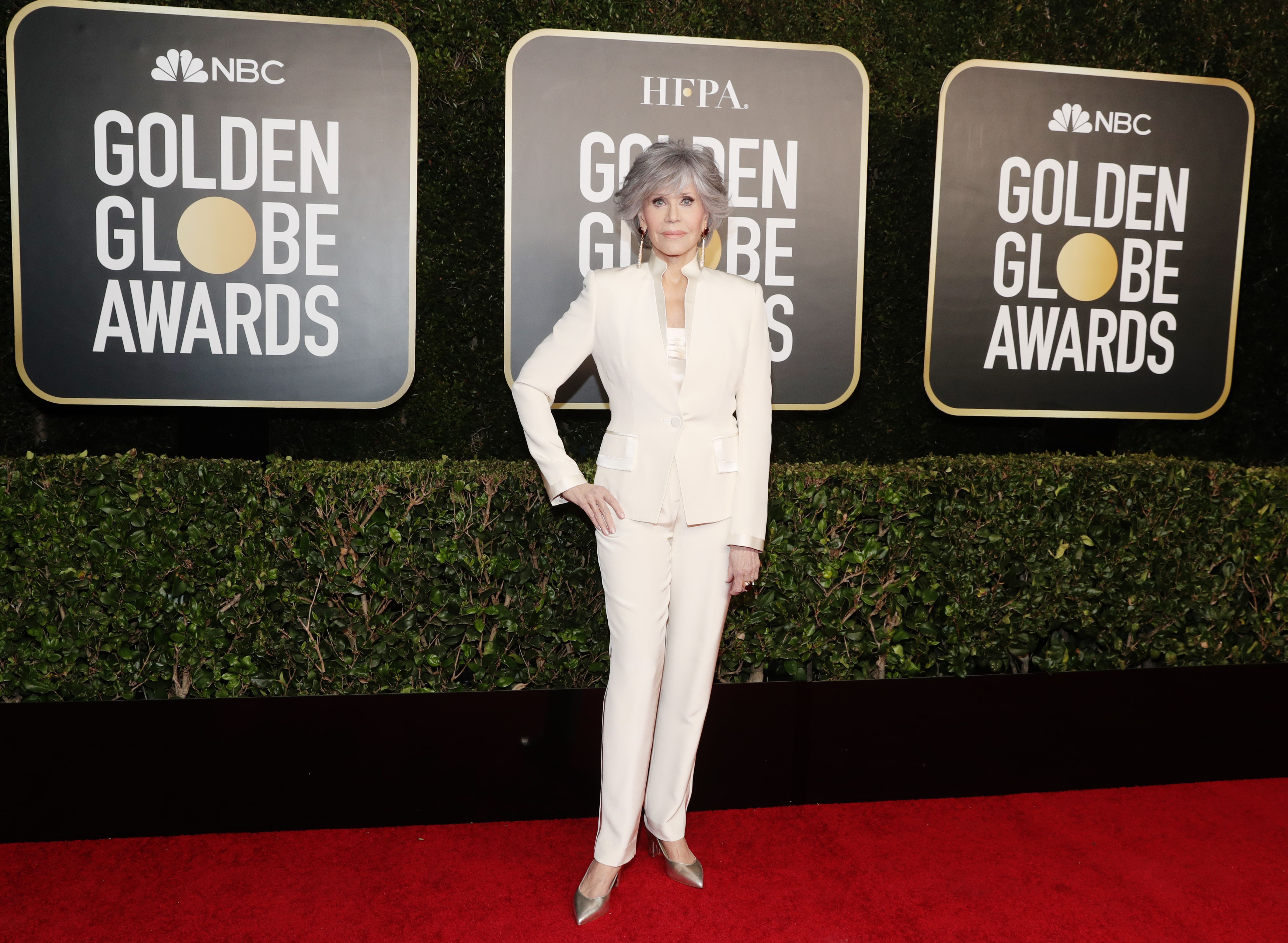 Jane Fonda Re-wears a Chic White Suit to the 2021 Golden Globes