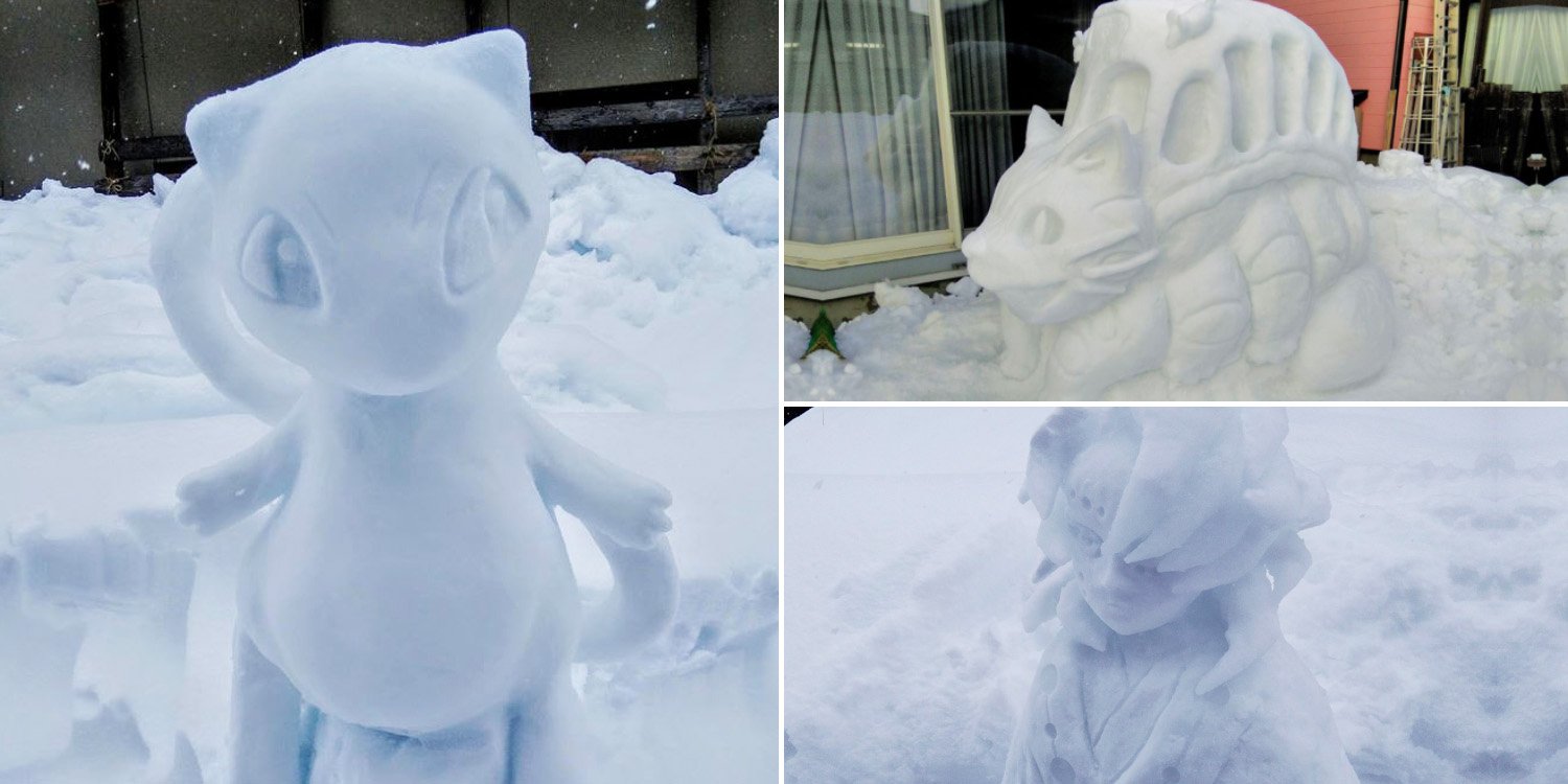 Man creates pokémon, studio ghibli & demon slayer snow figures that light up at night