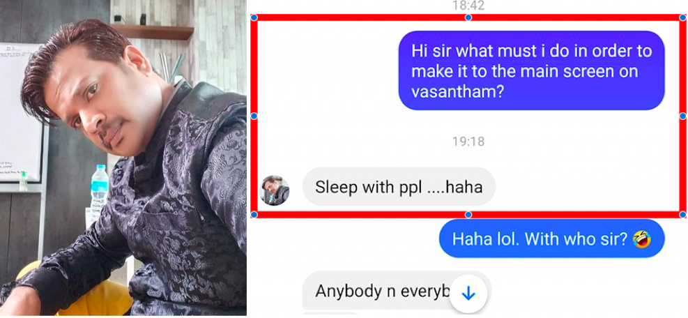 Actor seen on Mediacorp’s Vasantham accused by budding artiste of wanting to sleep with him after “private show”