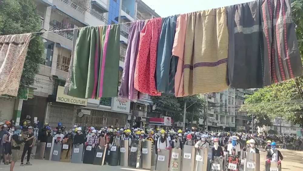 Myanmar protesters string up women’s clothes for protection