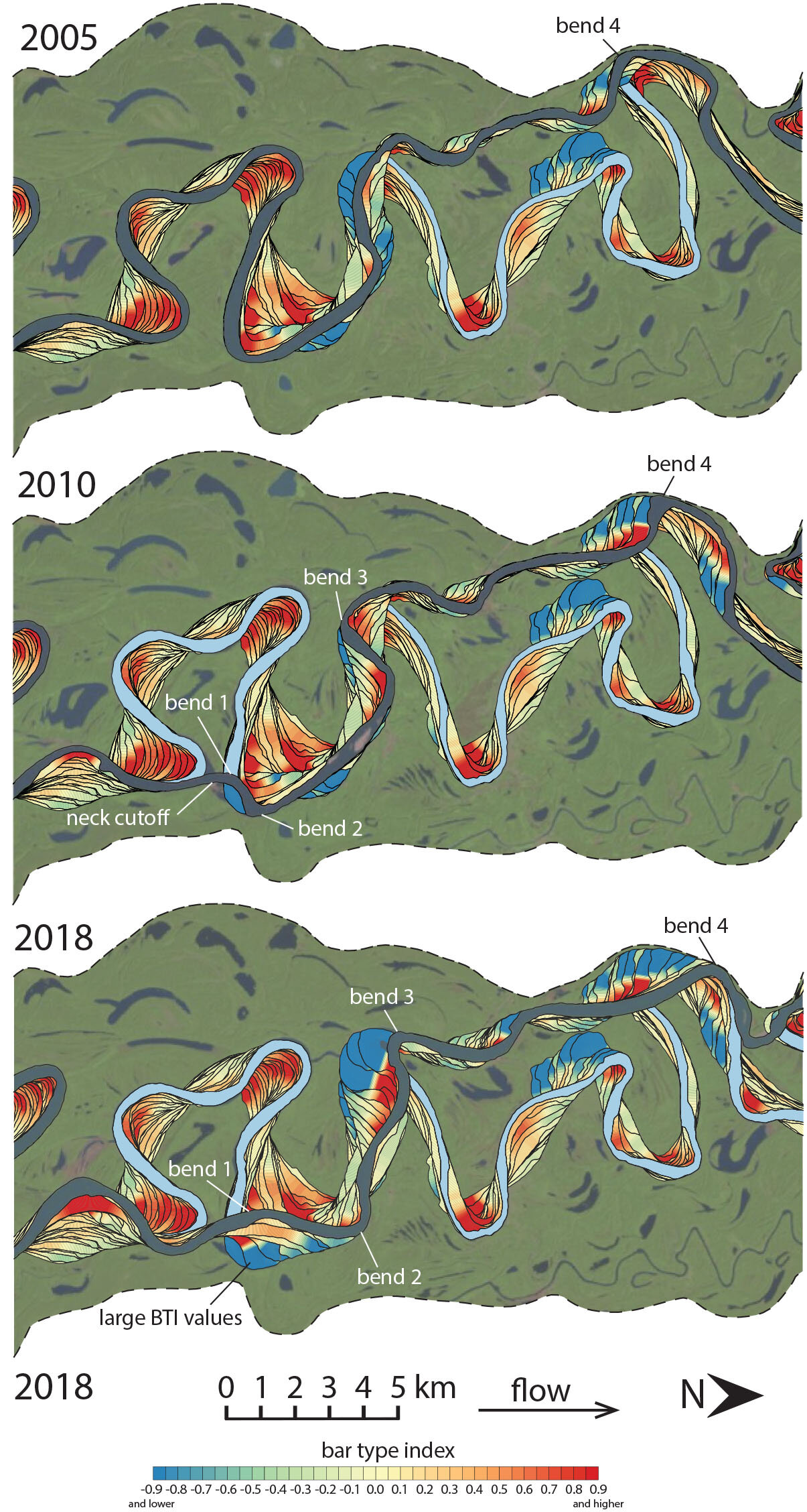 Meandering rivers create 'counter-point bars' no matter underlying geology