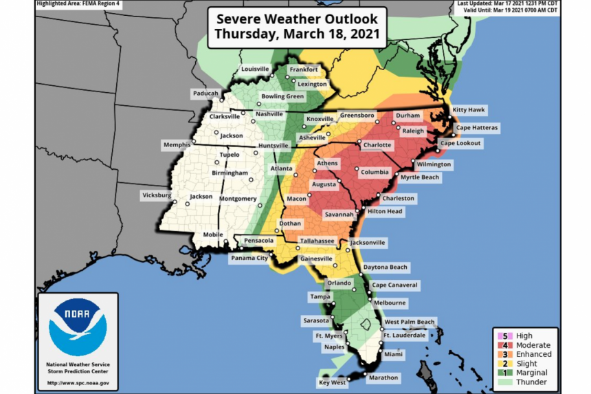 Severe storms threaten parts of US Southeast with tornadoes possible