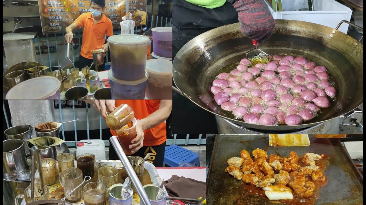 吃喝逛夜市炸榴莲三味咖啡韩式炸鸡紫薯地瓜球槟城美食街 Night market street food buy dinner Penang food