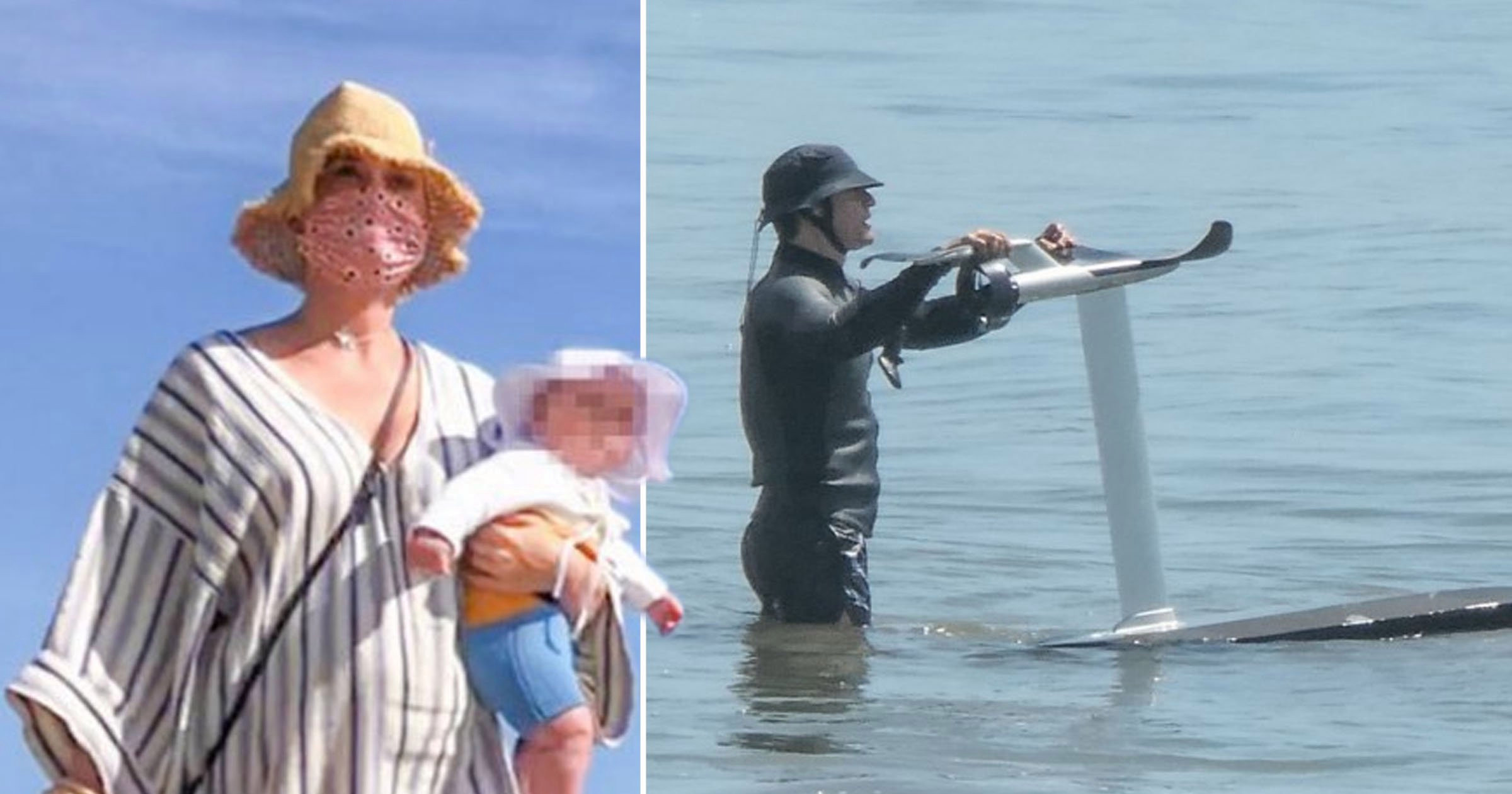 Katy Perry steps out for Californian beach walk with new baby Daisy Dove as partner Orlando Bloom hits the waves