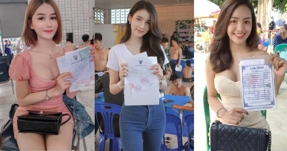 Thai transgender women pose with exemption certs after getting drafted for army